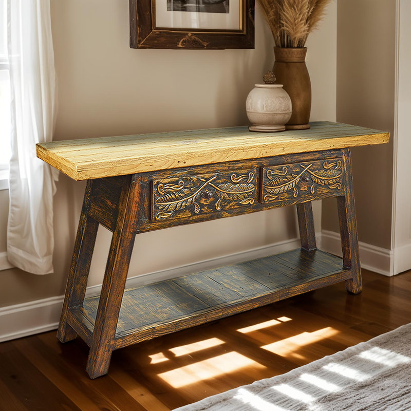 Console rustique en bois sculpté brun