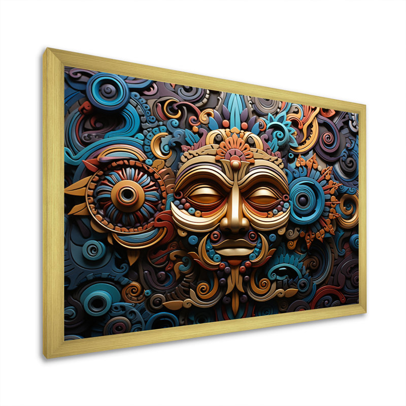 «Teal Gold Mexico Vibrant Aztec Mask I», reproduction sur toile, Cadre doré simple, H 24 po x l 32 po x P 1 po