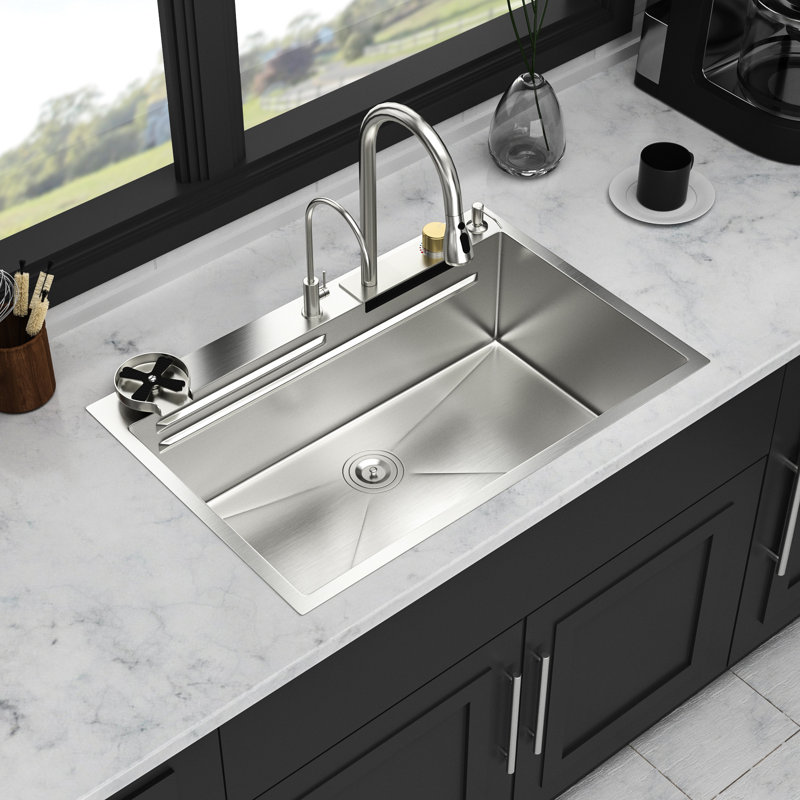 Évier de cuisine à rebord à cuve simple en acier inoxydable de calibre 16 33 * 22 pouces avec robinet coulissant et laveuse à gobelets, qualité T304 pour plus de durabilité, conception en cascade 3 modes d'eau, guide en forme de X