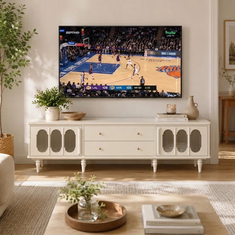 Meuble télé 78,7 po Mid-Century pour téléviseur de 85 po ou moins, console média crème avec 2 tiroirs de rangement et portes en verre cannelé arqué, meuble audio-vidéo pour salon