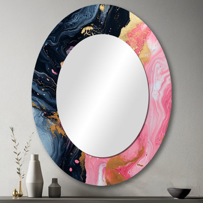 Abstrait marbre en rose et noir - grand miroir mural ovale sur métal