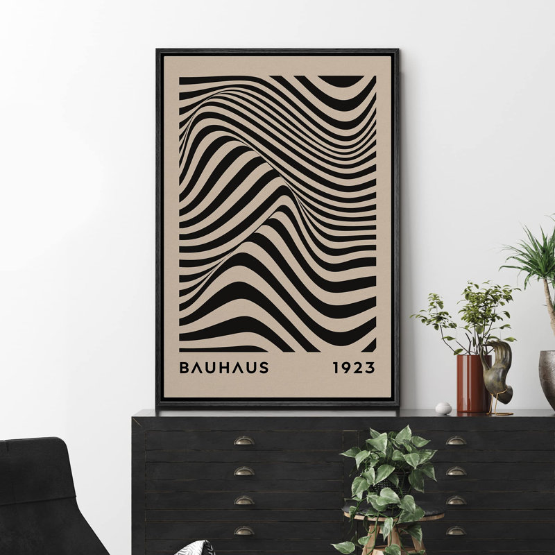 Classical Artwork " Mid-Century Bauhaus Black Stripe Illusion Shapes ", Noir, H 36 po x l 24 po