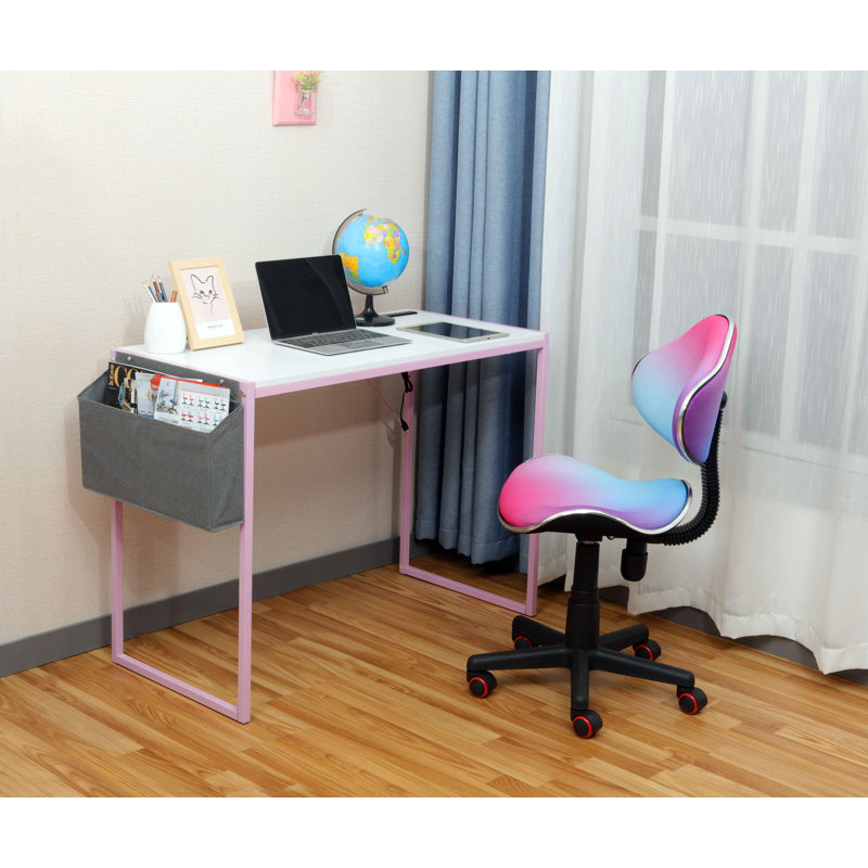 White and Pink Metal Writing Desk with USB Port and Drawer