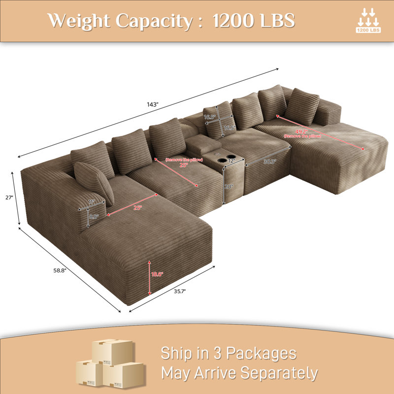 143"W 5 - Piece No Assembly Required Sectional Compression Sofa with Console & Cup Holder, Light Brown