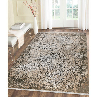 Tapis floral brun / beige / noir en viscose tissé à la machine Rocksprings