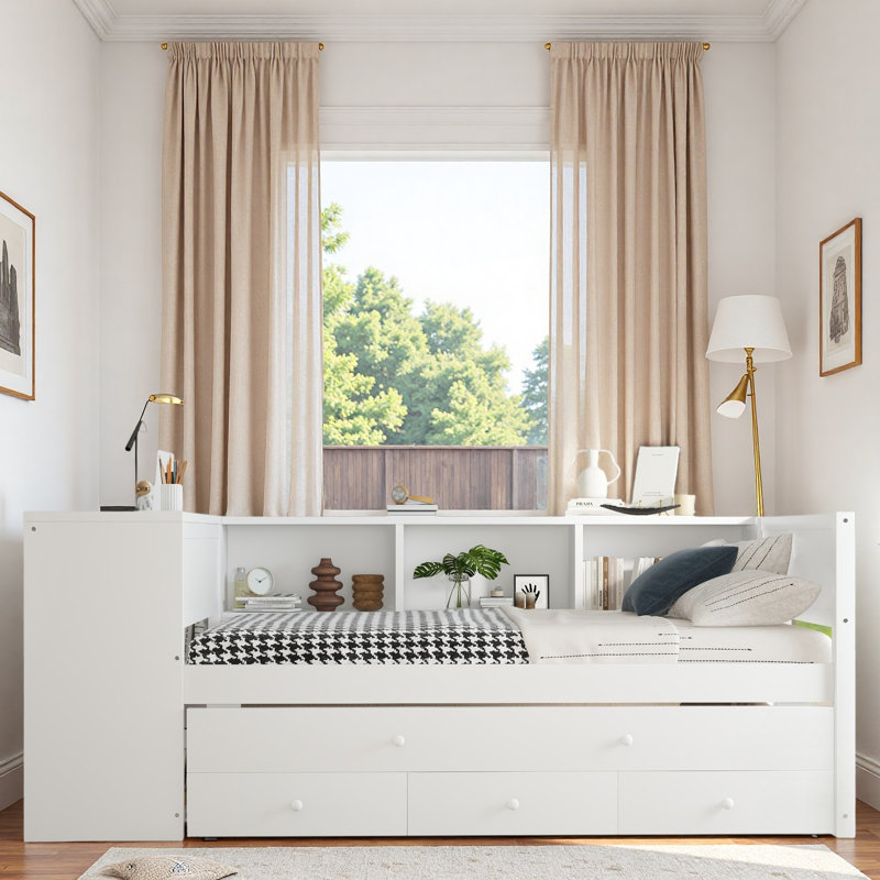 Wood Daybed With Trundle, Storage Drawers, Side Shelves And Desk, Twin, White