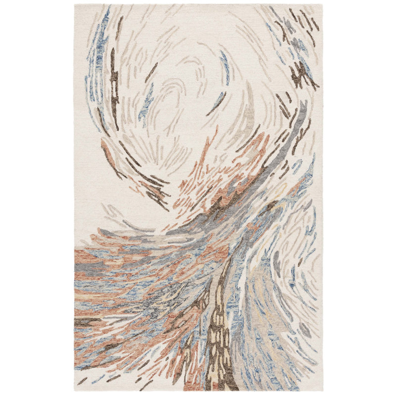 Tapis ivoire / bleu en laine et en coton touffeté à la main Ebony 776, Rectangle 6 pi x 9 pi