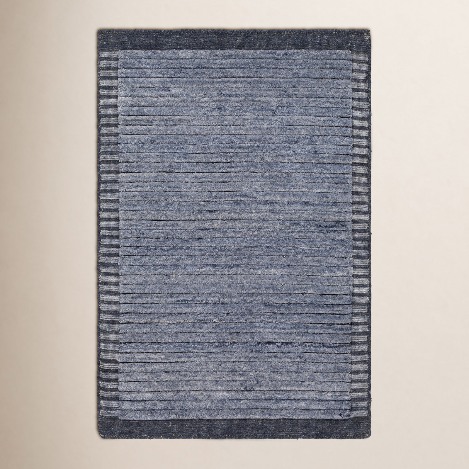 Felipa Hand-Knotted Blue Striped Rug, Rectangle 6' x 9'