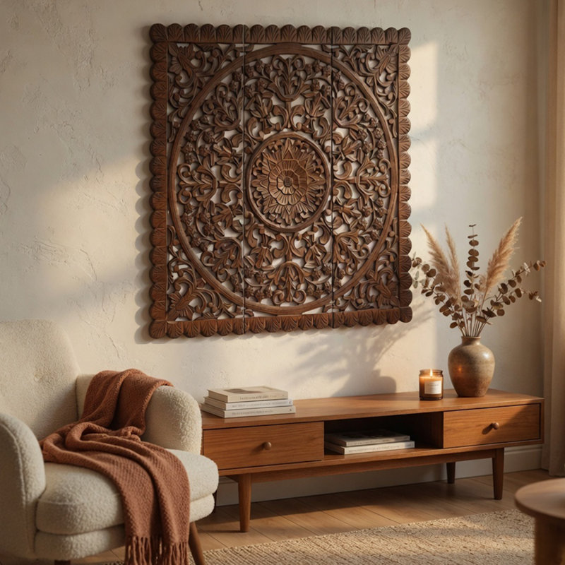 Ensemble de panneaux muraux en bois 3 pièces Teather, sculpture florale mandala, finition brune, décor carré de 48 pouces