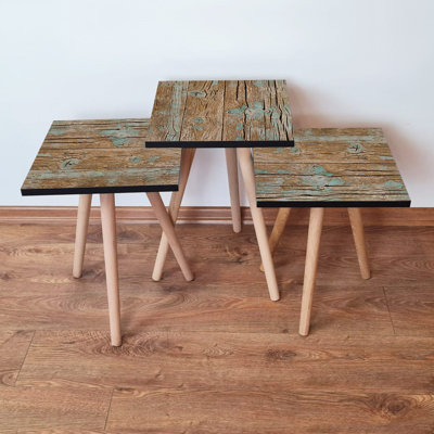 Ensemble de tables gigognes rustiques (3 pièces), vert et brun, 13,8 x 20,5 x 13,8 pouces | 100% panneau de fibres à densité moyenne avec pieds en bois de hêtre, parfait pour le salon et la décoration intérieure | Conception élégante et peu encombrante, idéale pour les espaces modernes et traditionnels