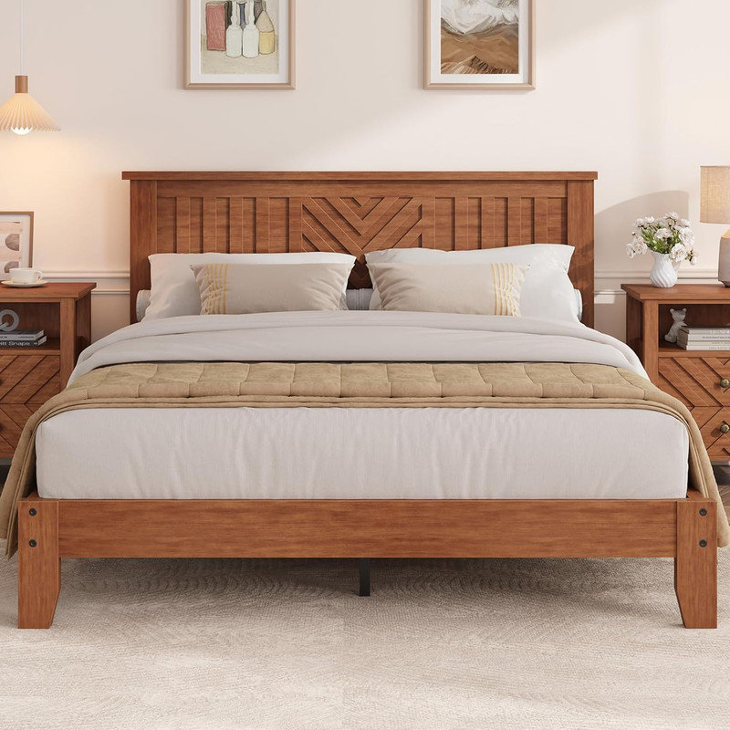 Structure de lit plateforme en bois avec tête de lit à motif en V - Support de lattes, silencieux, rangement sous le lit, brun clair