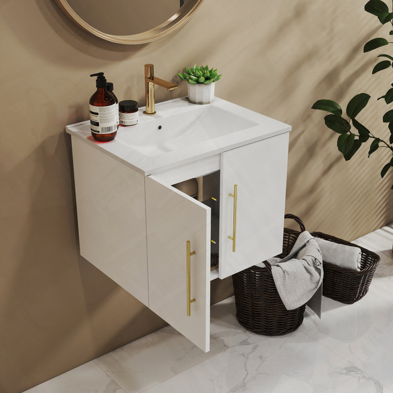 Meuble-lavabo mural avec lavabo double et charnières à fermeture en douceur, Blanc lustré