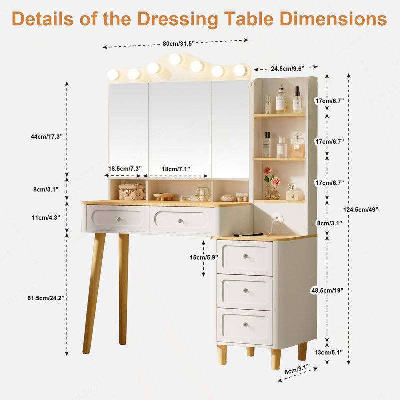 Vanity Desk With Mirror And Lights,Makeup Vanity With 2 USB Power Strip,Vanity Set With Two Drawers And Three-Drawer Chest, 3 Lighting Modes Adjustable Brightness, Foldable Three-Sided Mirror(White)