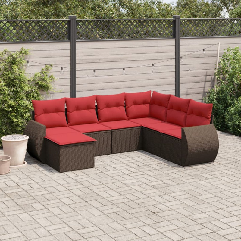 8 Piece Patio Sofa Set With Cushions Brown Poly Rattan, Red Cushion/Brown Frame