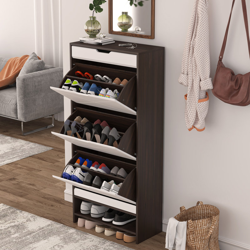 MDF Wood 3 Tier Tipping Bucket Shoe Storage Cabinet, Brown