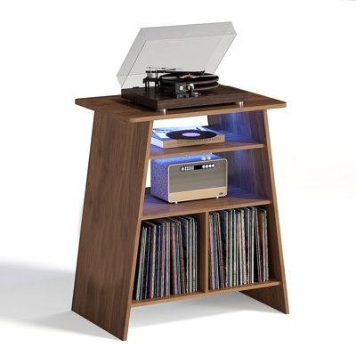 Support pour platine vinyle avec rangement, style moderne du milieu du siècle, avec éclairage DEL, brun