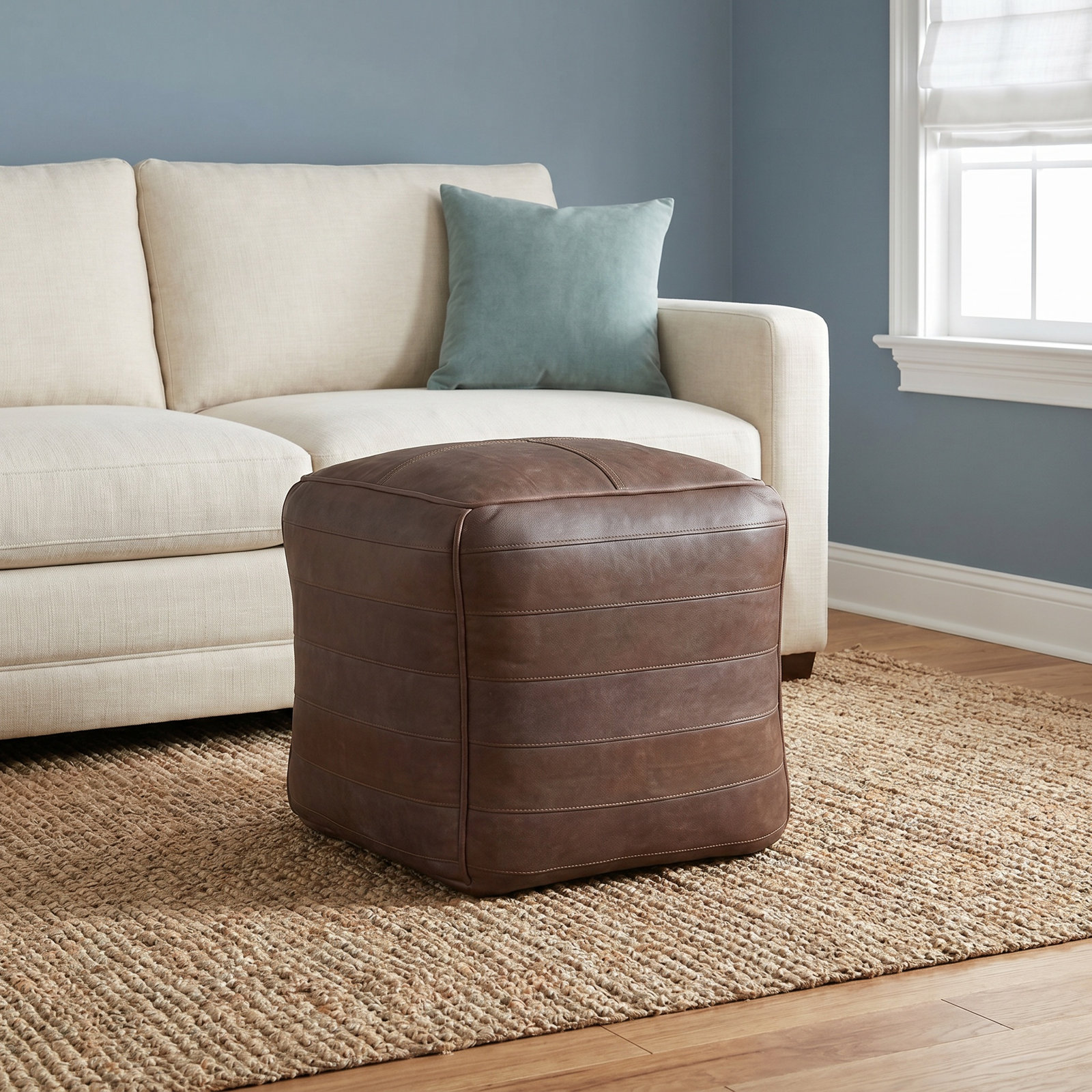 Shari Leather Pouf, Dark Brown Genuine Leather