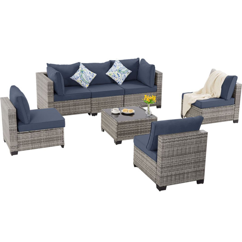 7-Piece Rattan Outdoor Sectional Seating Group with Cushions, Blue, Gray