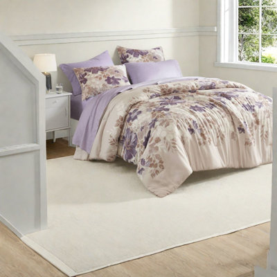 Taupe King Bedding Sets With Watercolor Floral Design, Soft Polyester Comforter And Sheets