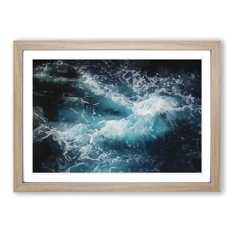 Rip Tide in Blue - Picture Frame Graphic Art Print, 40cm H x 60cm W x 2cm D, Oak