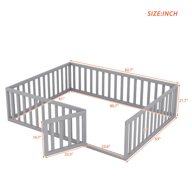 Structure de lit en bois avec clôture et porte, conception élégante pour les chambres d'enfants et les aires de jeux, Gris