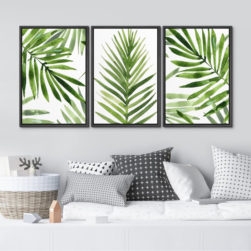 Feuille de palmier tropical vert minimaliste 3 pièces, Noir, H 36 po x l 24 po x P 1,5 po