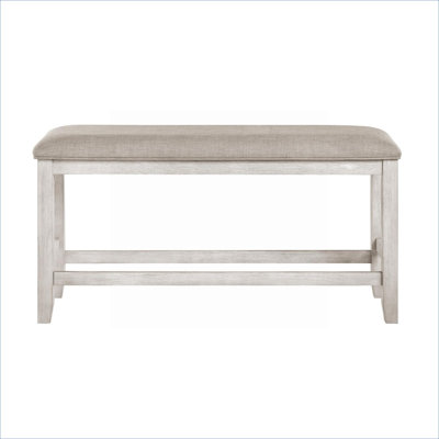 Banc de salle à manger rembourré à hauteur de comptoir, style campagne moderne, structure en bois massif à finition blanche avec siège en tissu gris clair