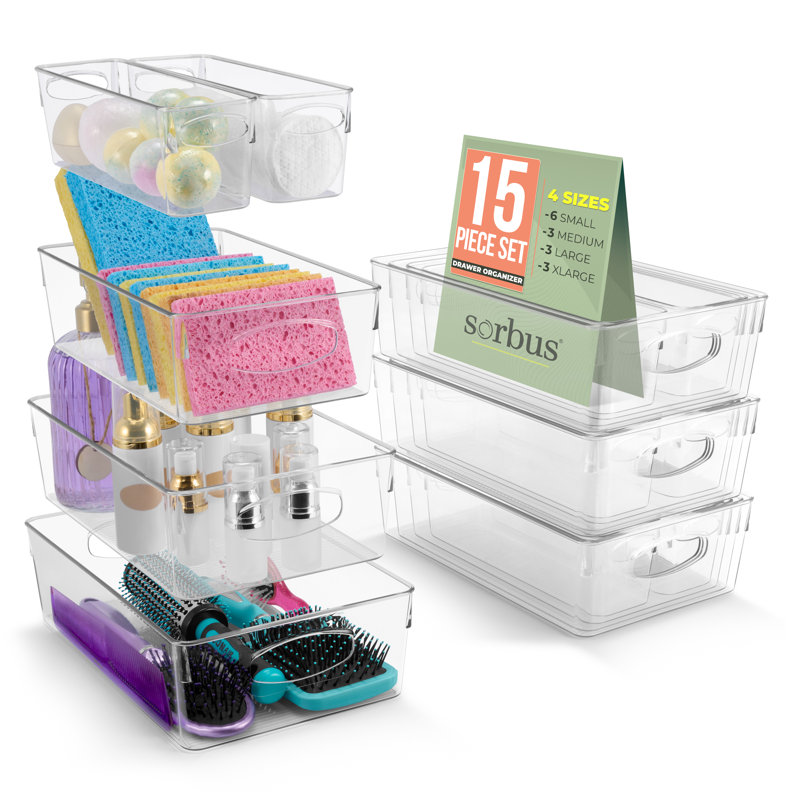 Ensemble de 15 bacs de rangement en plastique transparent avec poignées pour tablettes Sorbus