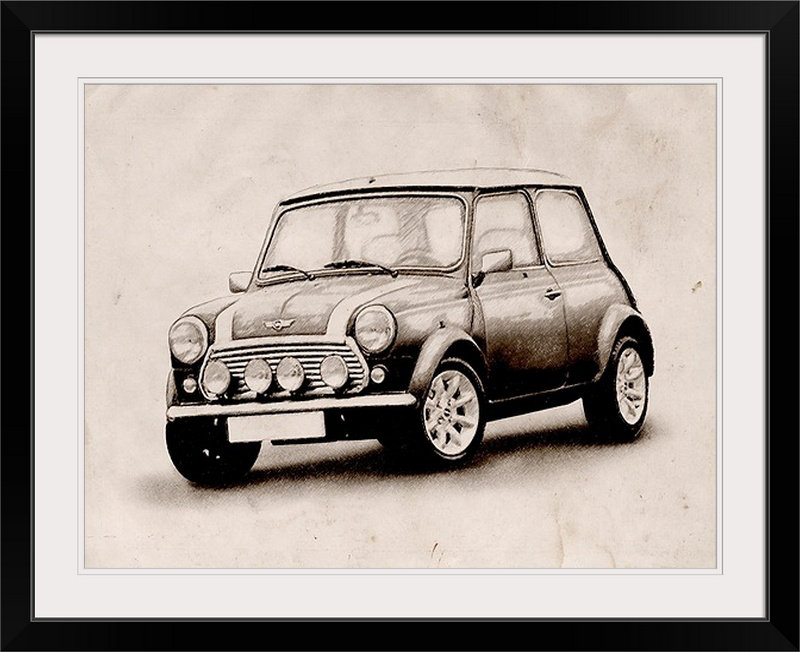 «Mini Cooper Sketch» par Deschamps, impression, H 20 po x l 24 po x P 1 po, Cadre noir