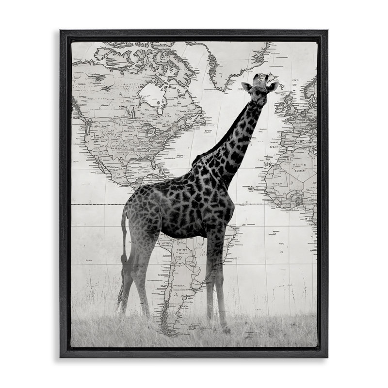 Girafe avec carte du monde rétro, Cadre flottant noir de jais, H 21 po x l 17 po