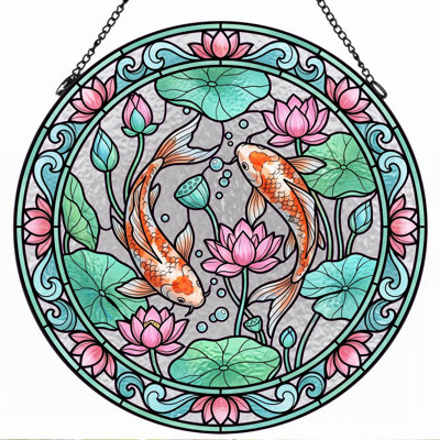 Koi Fish Stained Glass Window Panel，7.8H