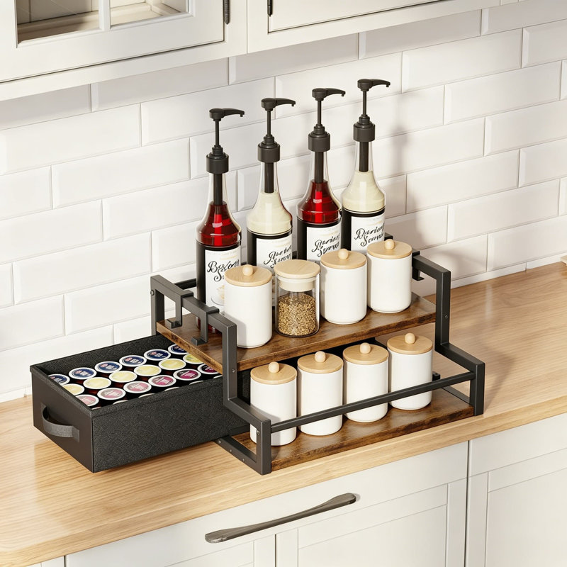 Support de rangement pour sirop de café, support à bouteille à 2 niveaux avec tiroir de rangement K Cup pour bar à café, support à vin et tablettes de rangement