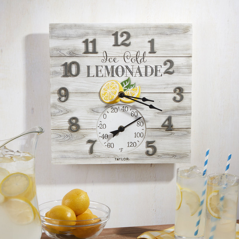 Taylor Lemonade Poly Resin Clock and Thermometer, 14 Inch, Multi-Color