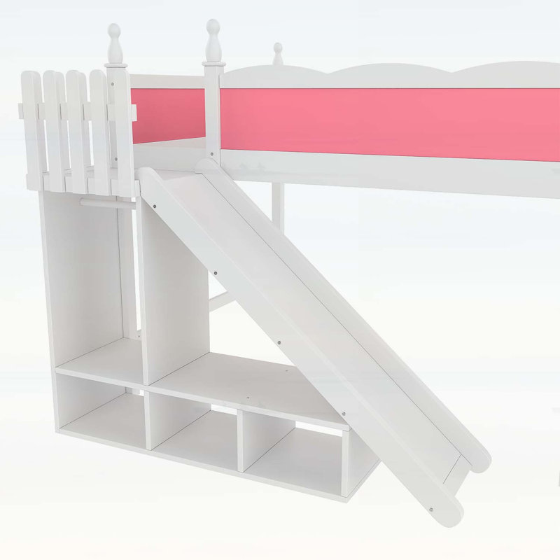 Grand lit mezzanine avec tablettes de rangement et garde-robe, structure en bois massif, glissière amovible, échelles, aucun sommier nécessaire, rose et blanc