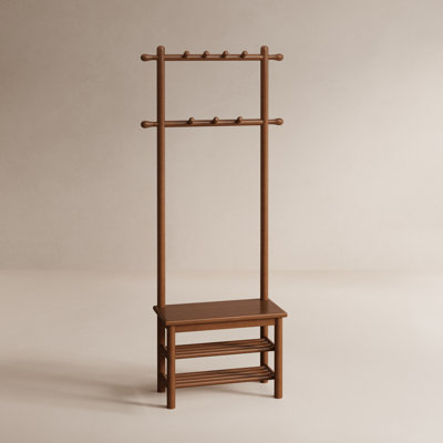 Aaryahi Solid Wood Hall Tree with Bench, Shoe Storage & 11 Hooks, Entryway Organizer