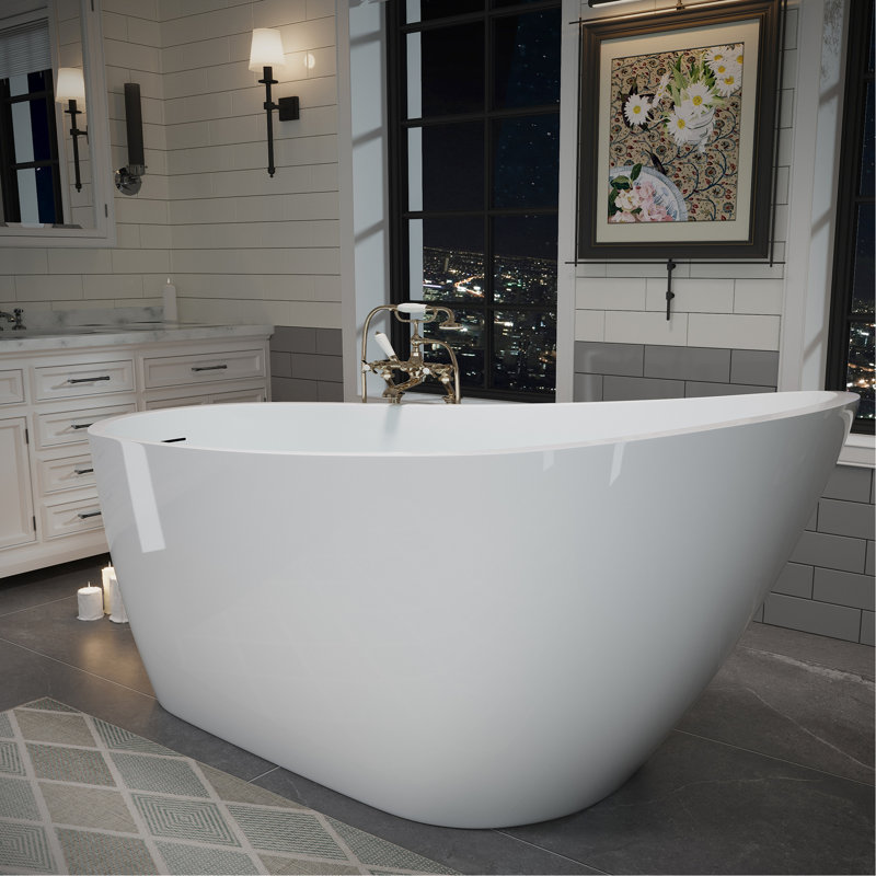 63" Glossy White Acrylic Bathtub With Pop - Up Drain And Integrated Overflow. Ergonomic Design Body Cradling Curves Non Porous Surface For Effortless Maintenance Stand Alone Double Construction Heat