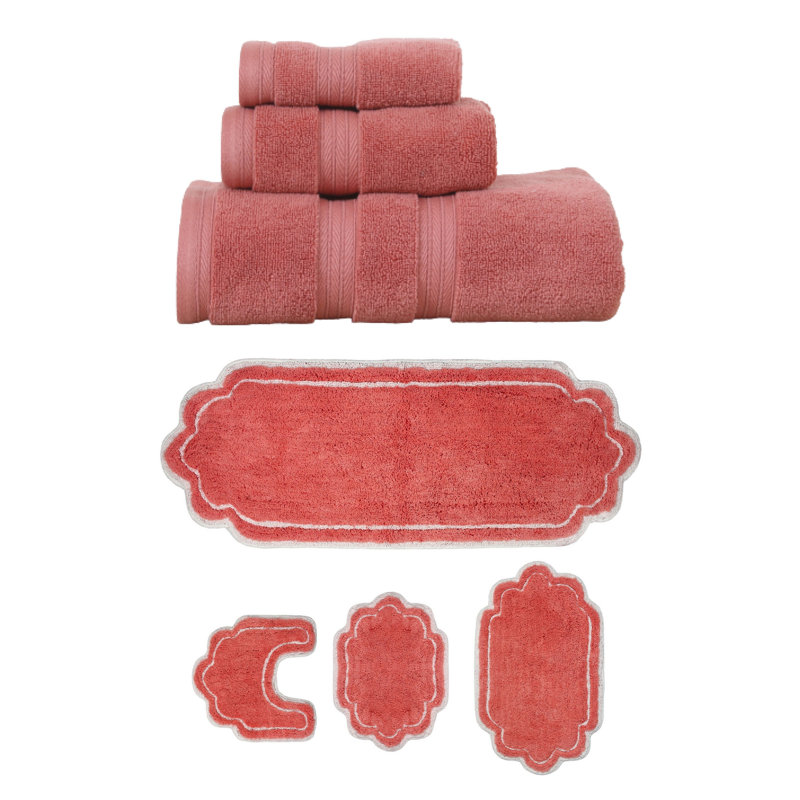 Talbert Collection 100% Soft Cotton 3 Pc Towel Set & 4 Pc Bath Rug Set, (Set of 7), Coral