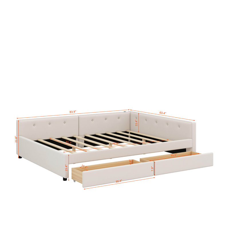 Grand lit plateforme tapissier avec port USB et 2 tiroirs
