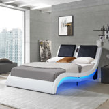 Faux Leather Upholstered Platform Bed Frame With Led Lighting ,Bluetooth Connection To Play Music Control,Backrest Vibration Massage,Curve Design, Wood Slat Support