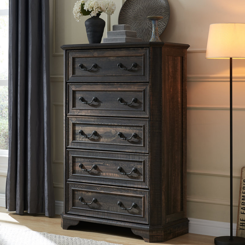 Theron 5-Drawer Manufactured Wood Tall Chest, Dark Rustic Oak