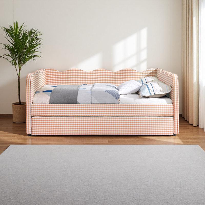 Lit de jour en vichy double avec couchette simple sans sommier, avec port USB et adorable forme de vague, Rose