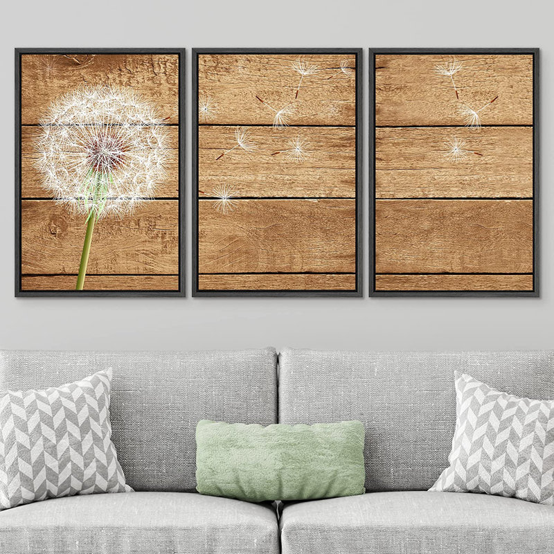 Windy White Summer Dandelion Flower - 3 pièces, reproduction sur toile, H 24 po x l 48 po x P 1,5 po, Cadre noir