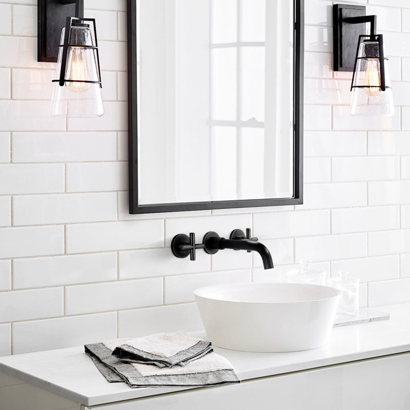 Wall Mounted 2-handle Bathroom Faucet with Drain Assembly, Matte Black