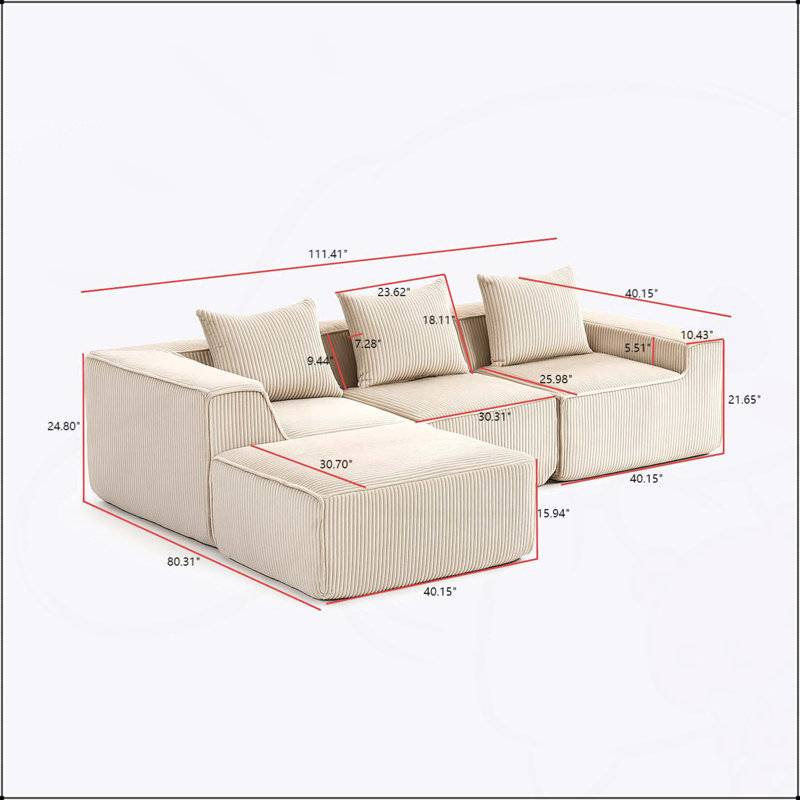 Canapé modulaire à compression avec velours côtelé luxueux, librement combinable pour les espaces de vie modernes