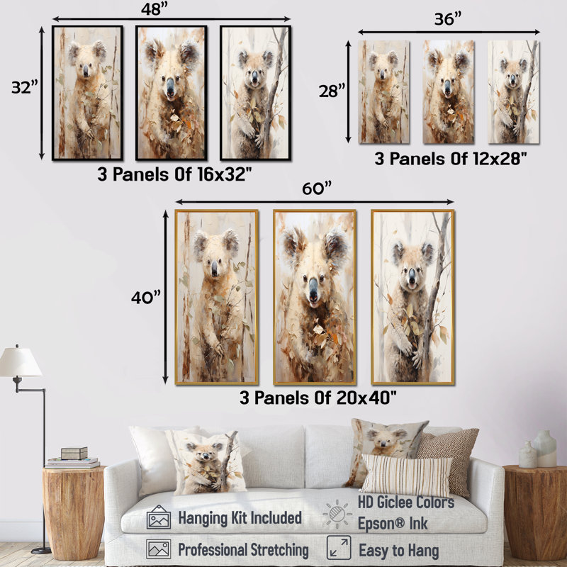 Ensemble de 4 reproductions d'art sur toile Koala, Cadre flottant blanc, H 40 po x l 60 po