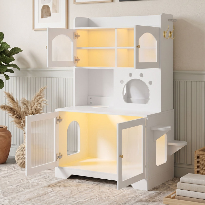 Maison de chat moderne à 3 niveaux avec armoire de rangement, bac à litière caché et portes en acrylique éclairées à DEL