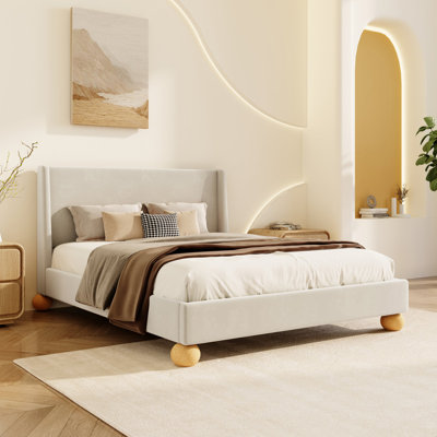 Linen Upholstered Bed Frame with Solid Wood Legs
