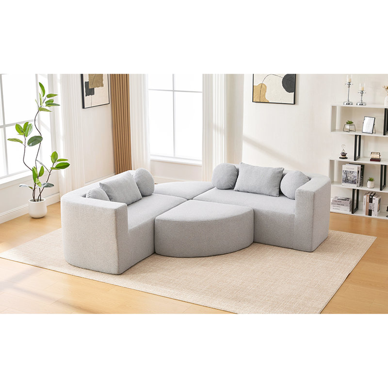 114,9 po de tissu modulaire désossé avec des extrémités courbées, des sièges profonds et un tissu bouclé gris pour une forme combinée personnalisable et un espace de détente confortable