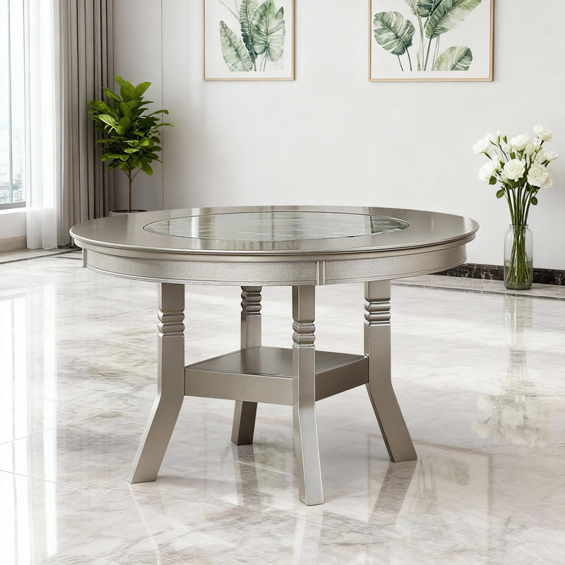 Modern 48" Round Dining Table With Glass Insert & Storage Shelf
