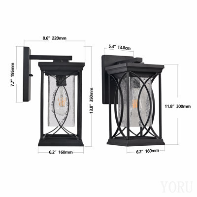 Ensemble de 1 lanterne murale d'extérieur noire de 14 po (H) avec verre craquelé, luminaire d'extérieur résistant aux intempéries pour porche, patio et entrée, applique murale décorative moderne avec base E26 (ampoule non incluse)